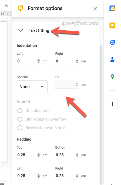 Promjena opcija prilagođavanja teksta za tablicu Google slajdova