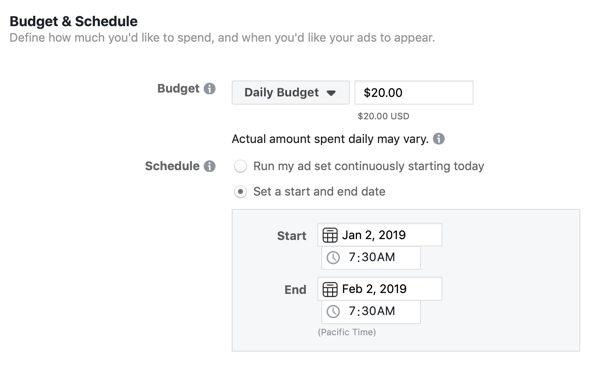 Opcije proračuna i rasporeda za Facebook oglasnu kampanju.