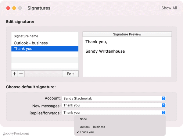 Odaberite zadani potpis u programu Outlook