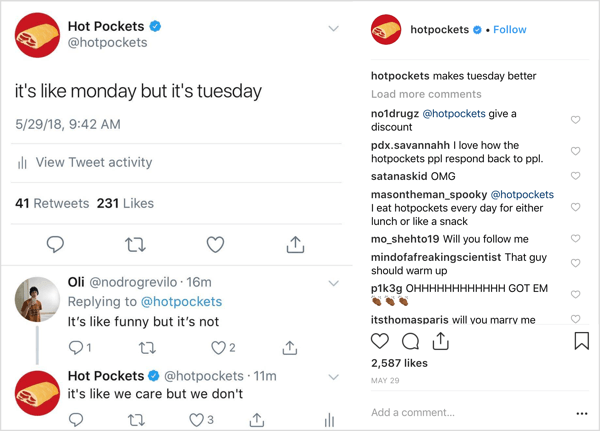 Hot Pockets Instagram objava sa zaštitnim znakom neobičnog humora.