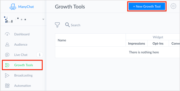 U ManyChatu odaberite Growth Tools s lijeve strane i kliknite gumb + New Growth Tool u gornjem desnom kutu.