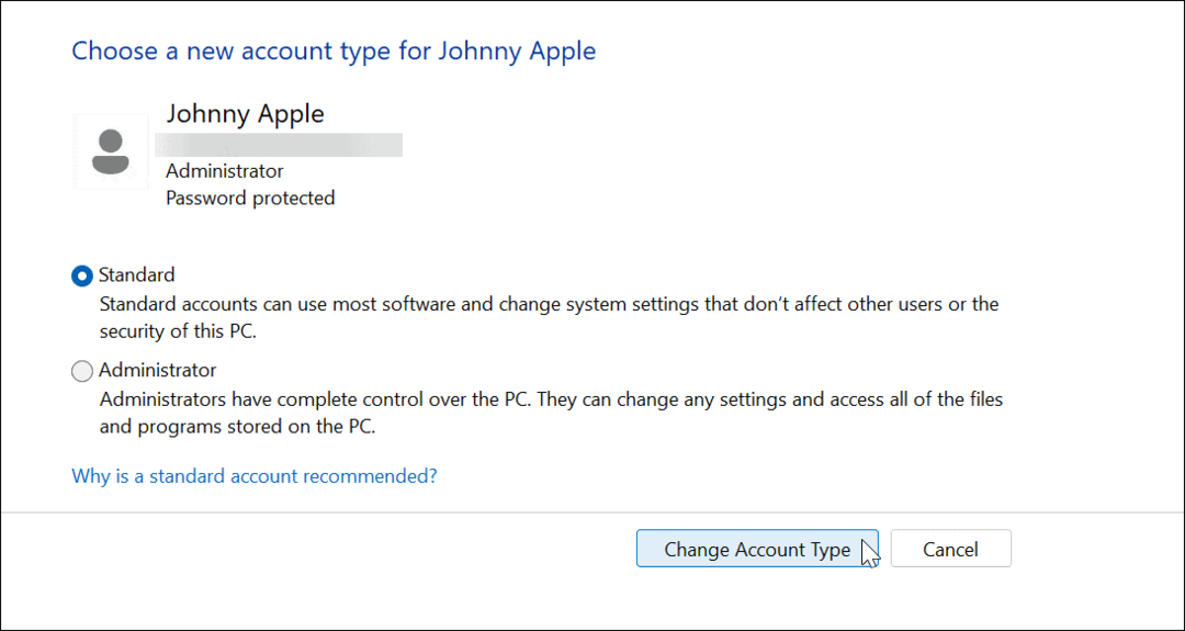 Kako promijeniti vrstu računa na Windows 11