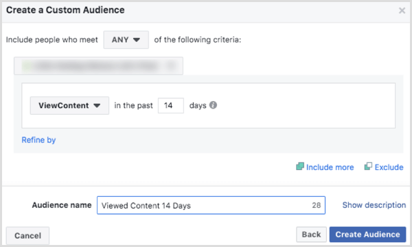 Odaberite opcije za stvaranje web stranice prilagođene publike na Facebooku na temelju događaja ViewContent 