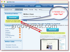 Slika bloga Windows Live Writer koji prikazuje 2 različite verzije dostupne za preuzimanje
