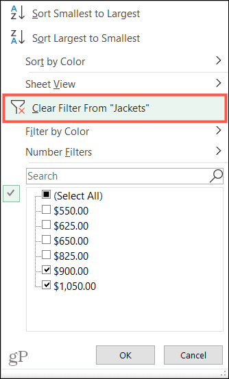 Očistite filtre u programu Excel