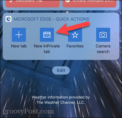 Dodirnite Novi dodatak InPrivate na kartici Edge na iOS-u
