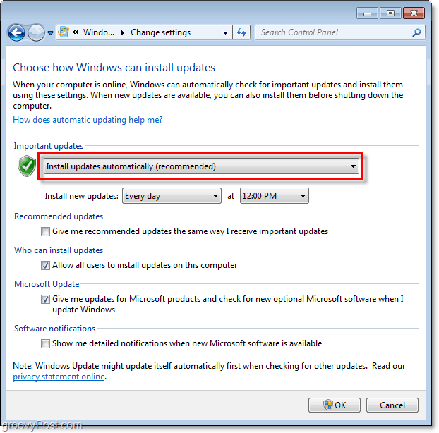 Windows 7 - Zaslon izbornika konfiguracije Windows Update