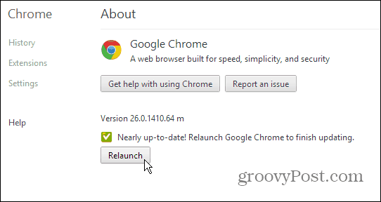 Google Chrome stranica o ažuriranju - ažuriranje i ponovno pokretanje