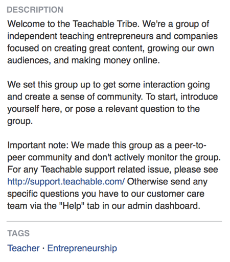 U opisu Facebook grupe, Teachable izravno navodi da se njegova Facebook grupa bavi stvaranjem zajednice.