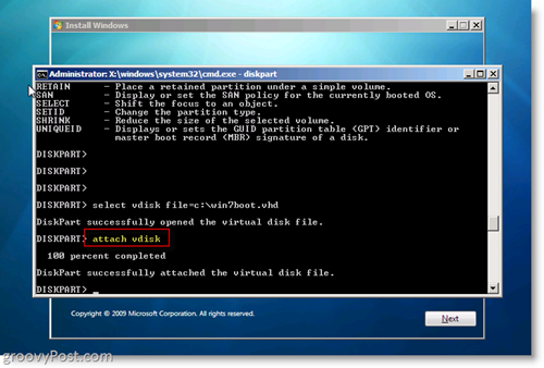 Windows 7 Native VHD Instalirajte Dual Boot Attach VHD iz CMD Prompt-a