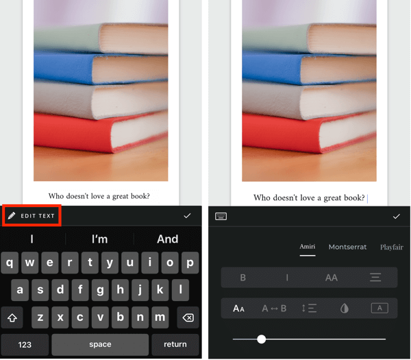 Stvorite Unfold Instagram priču, korak 5, prikazuje mogućnosti uređivanja teksta.