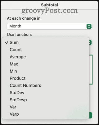 Različite funkcije dostupne u dijaloškom okviru Međuzbroj u Excelu