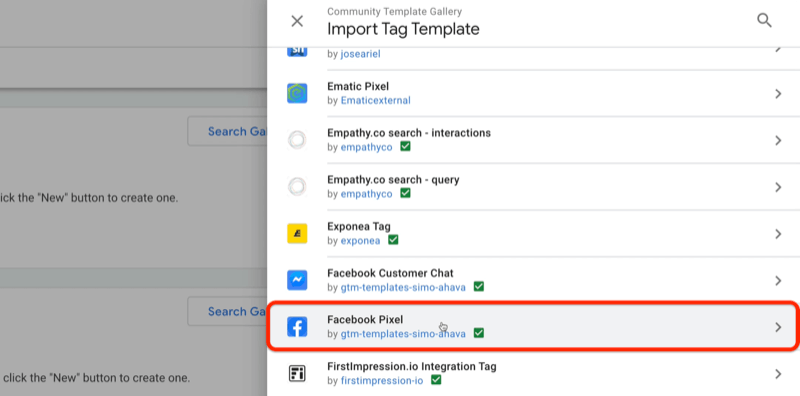 google tag manager galerija predložaka zajednice galerija uvoza predložaka oznaka s primjerima predložaka ematic piksela, exponea oznake, facebook korisničkog chata, između ostalog s istaknutim facebook pixelom