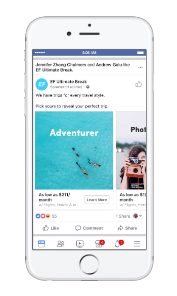 Facebook je predstavio novu vrstu dinamičnog oglasa za putovanja pod nazivom „razmatranje putovanja“.
