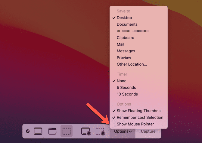 Opcije trake za snimku zaslona za Mac