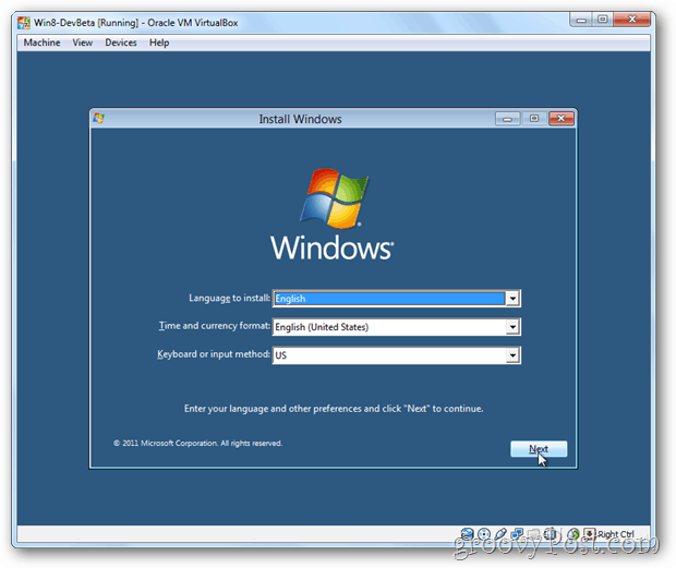 Izbornik instalacije VirtualBox Windows 8