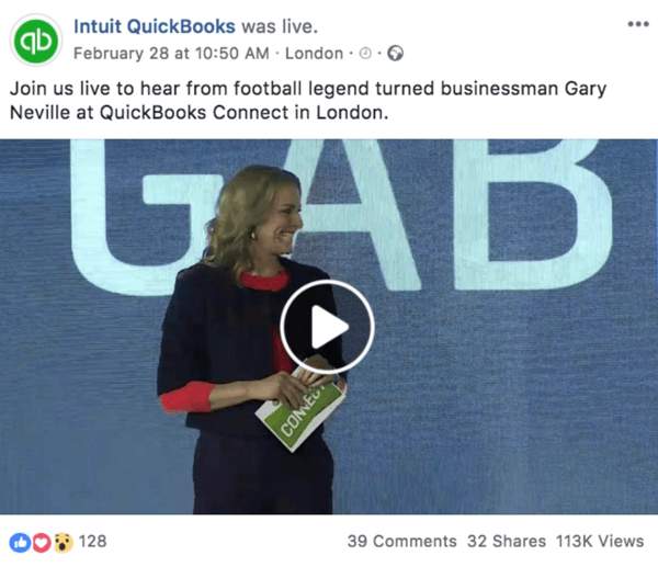 Primjer objave na Facebooku koja najavljuje nadolazeći video uživo s Intuit Quickooks.
