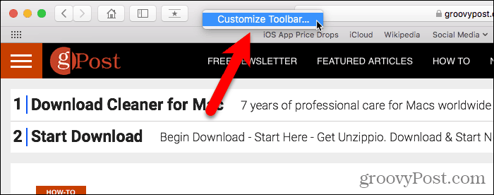 Odaberite Prilagodi traku s alatima na Safariju za Mac