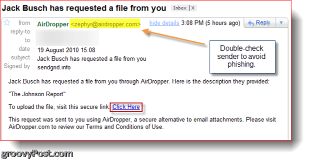 AirDropper Dropbox - datoteka sa zahtjevom za slanje e-pošte