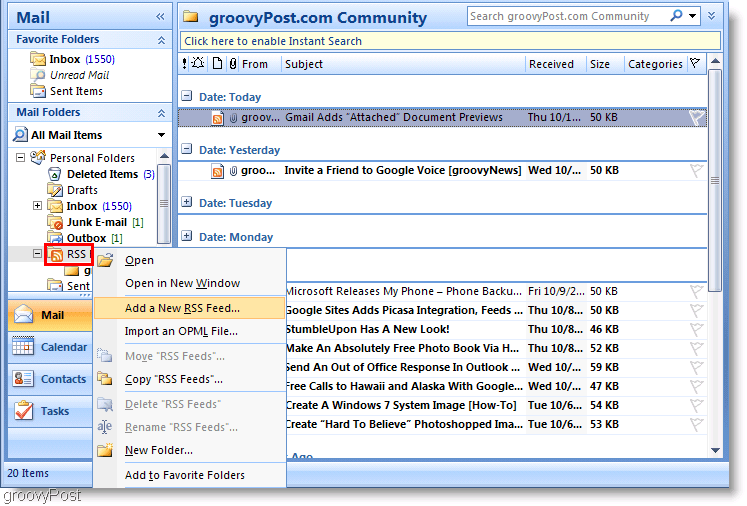 Snimka zaslona Microsoft Outlook 2007 Dodajte novi RSS feed