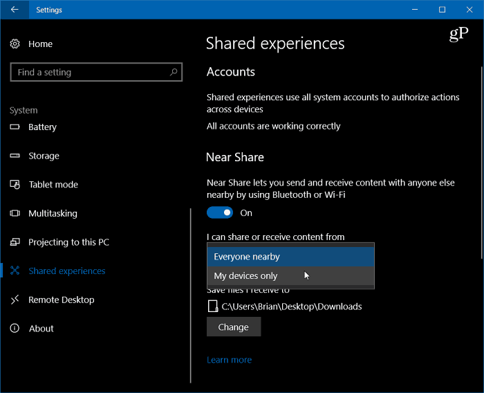 1 Omogućite postavke sustava Windows 10 Near Share