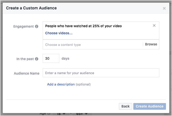 Facebook prilagođena publika na temelju pregleda videozapisa za 30 dana.