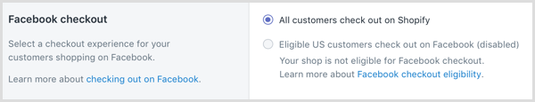 U Shopifyu odaberite iskustvo plaćanja za svoje kupce koji kupuju na Facebooku.
