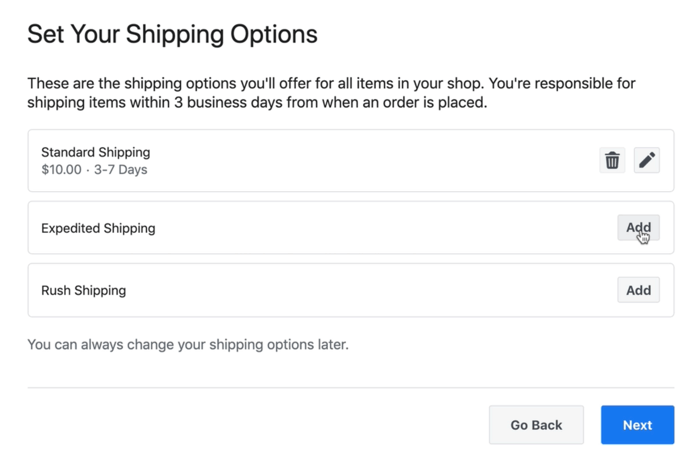 primjer zaslona zaslona mogućnosti isporuke putem facebook trgovine koje bi mogle biti dostupne