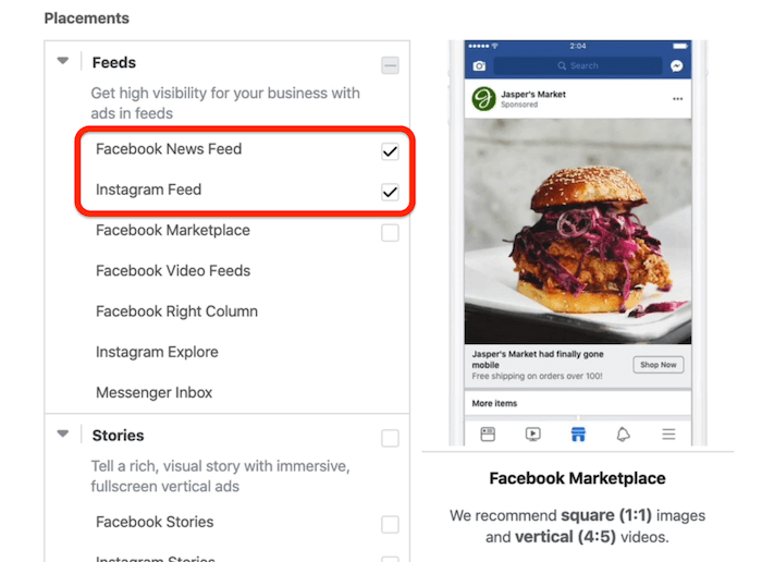 Facebook položaji vijesti i Instagram feed odabrani na razini skupa oglasa u Facebook Ads Manageru