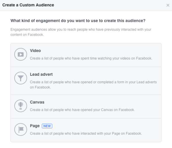 Facebook vam omogućuje stvaranje četiri prilagođene publike temeljene na angažmanu.
