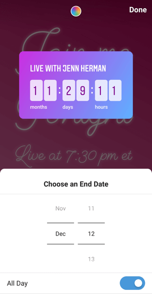 Kako koristiti naljepnicu Instagram Countdown za posao, korak 3, datum završetka odbrojavanja.