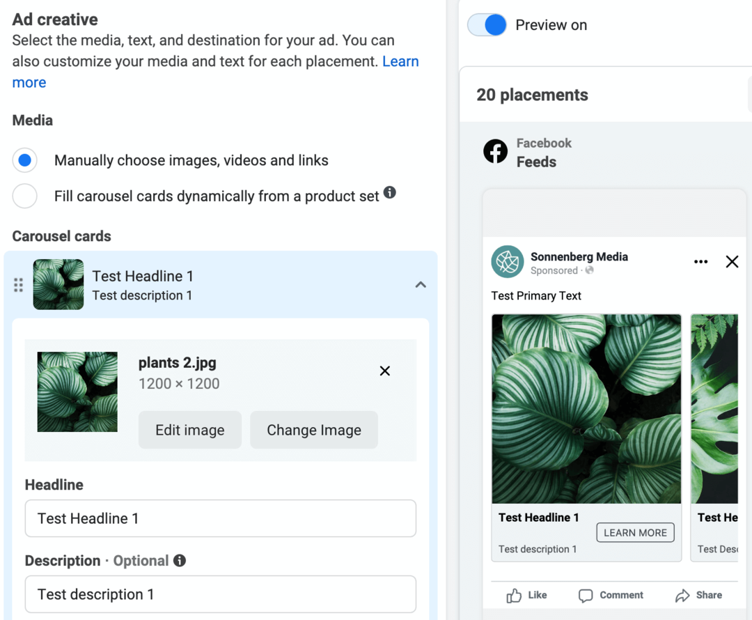 slika opcije Ručni odabir slika, videozapisa i veza odabrane tijekom postavljanja Facebook oglasa