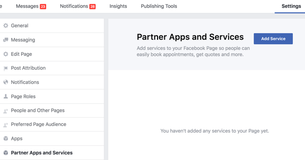 Kliknite Partnerske aplikacije i usluge u postavkama svoje Facebook stranice.