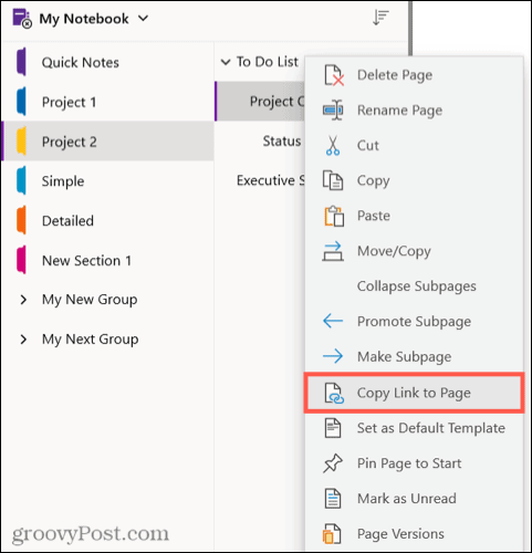 Kopirajte vezu na stranicu u programu OneNote za Windows 10