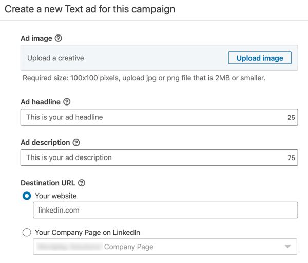 Kako izraditi LinkedIn tekstualni oglas, korak 12, postavke teksta oglasa