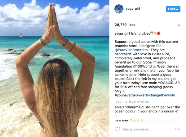 Na ovom plaćenom mjestu influencera, Pura Vida uspjela je iskoristiti 2,1 milijuna sljedbenika Rachel Brathen (yoga_girl) i pratiti ROI putem ekskluzivnog kupona.