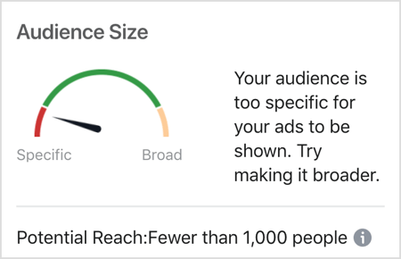 Poruka veličine publike na Facebooku: Vaša je publika previše specifična da bi se vaši oglasi mogli prikazivati.