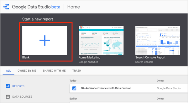 Idite na početnu stranicu Google Data Studija i kliknite Pokreni novo izvješće na kartici Izvješće.