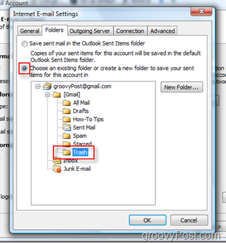 Postavljanje mape slanja pošte za iMAP račun u programu Outlook 2007:: Odaberite mapu Otpad