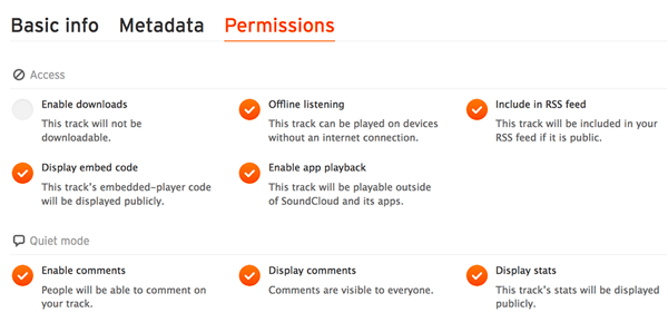 Provjerite karticu Dopuštenja kako biste bili sigurni da je vaša audio datoteka uključena u vaš RSS feed SoundCloud.
