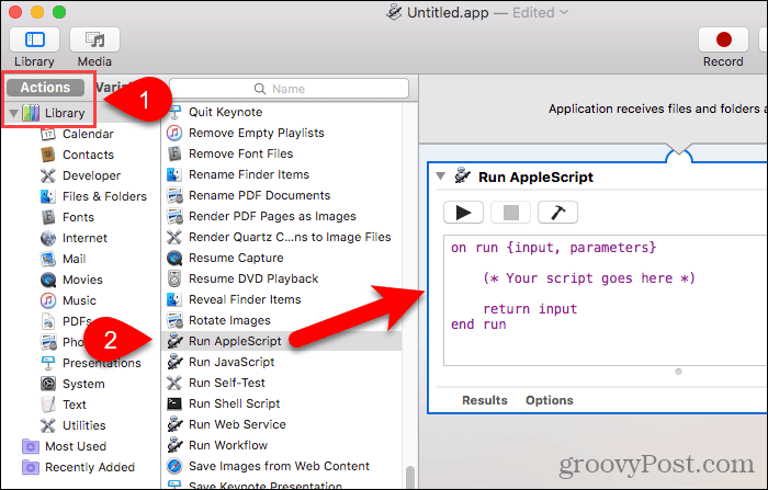 Povucite Pokreni AppleScript na ploču rada u Automatoru