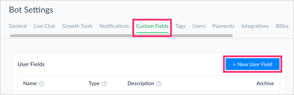Kliknite Prilagođena polja i kliknite Novo korisničko polje da biste stvorili prilagođeno polje u ManyChatu.