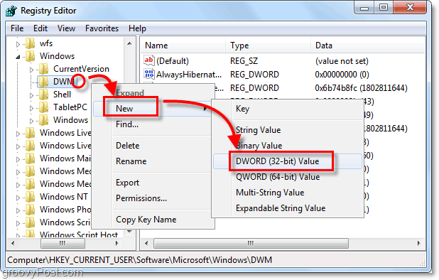 stvorite novi ključ dwm dword u sustavu Windows 7
