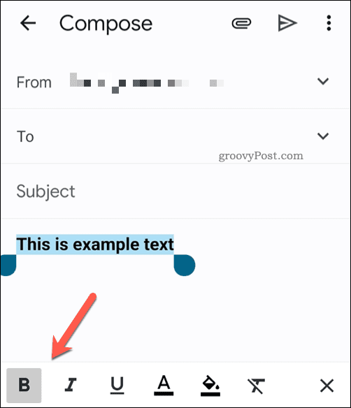 Alatna traka za oblikovanje teksta u aplikaciji Gmail na mobilnom uređaju