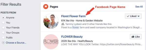 Primjer Facebook stranice naziva Floret Flower Farm u rezultatima pretraživanja.