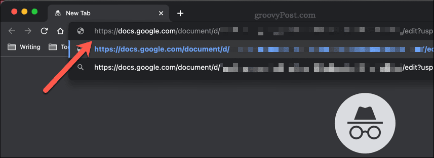 Lijepljenje veze za dijeljenje Google dokumenata u adresnu traku anonimnog prozora Google Chrome