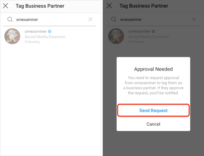 poslati zahtjev za odobrenje poslovnom partneru na Instagramu