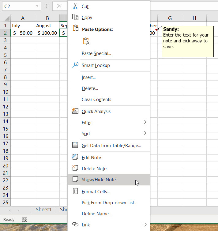 Prikaži ili sakrij bilješke u Excelu