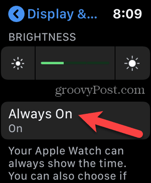 Dodirnite Uvijek uključeno u postavkama vašeg Apple Watch-a