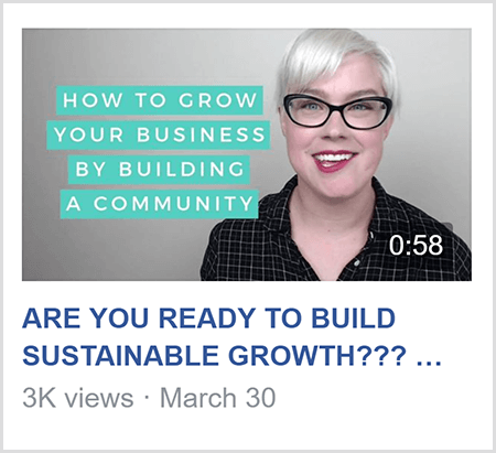 Da bi predavala u Facebook grupi, Caitlin Bacher dijeli video poput ovog videa s tekstom Kako rasti Vaša tvrtka Izgradnjom zajednice i slike Caitlin s ramena prema gore i okrenuta prema fotoaparat.